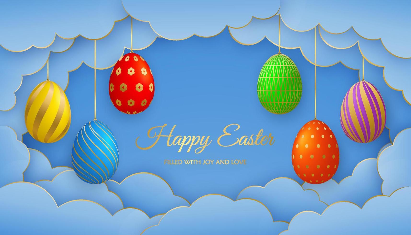 Happy Easter greeting card. Paper clouds and bright realistic Easter eggs on strings. vector