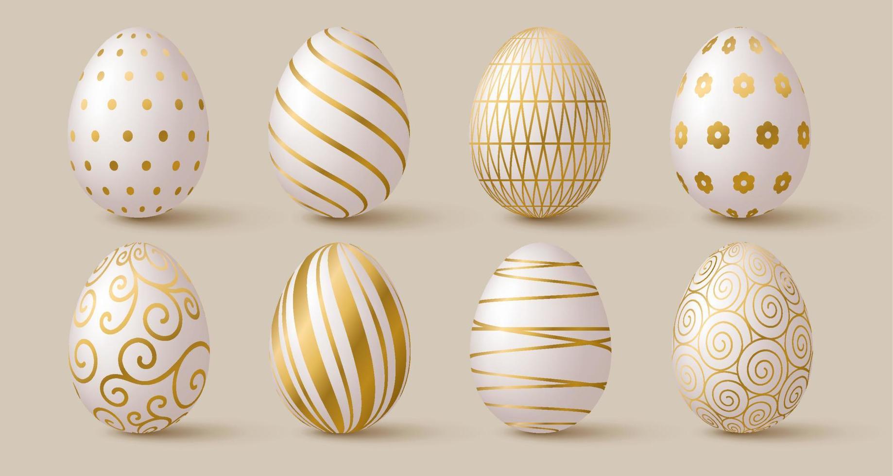 Easter eggs collection. White and gold 3d elegant design elements. vector