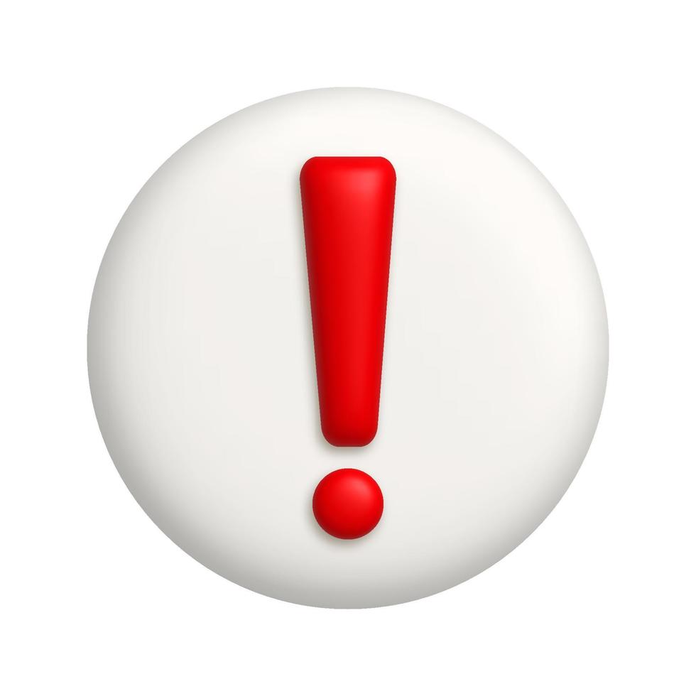 Red exclamation mark symbol on a white button. Attention or caution sign icon. 3d realistic design element. vector