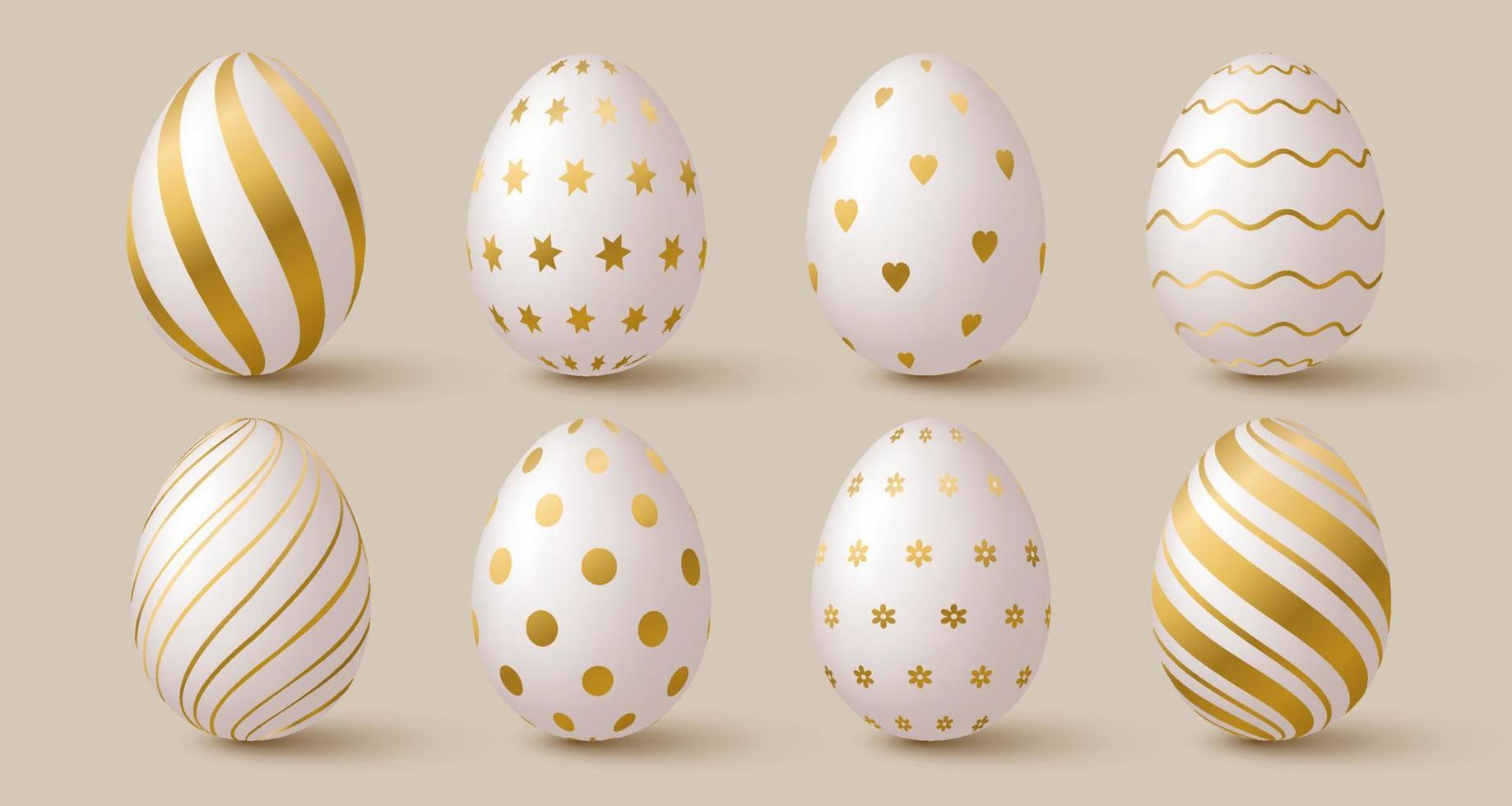 Easter eggs collection. White and gold 3d elegant design elements. vector