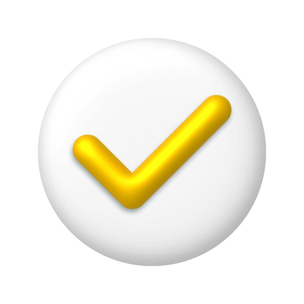 Golden check mark icon on white round button. 3d realistic design element. vector