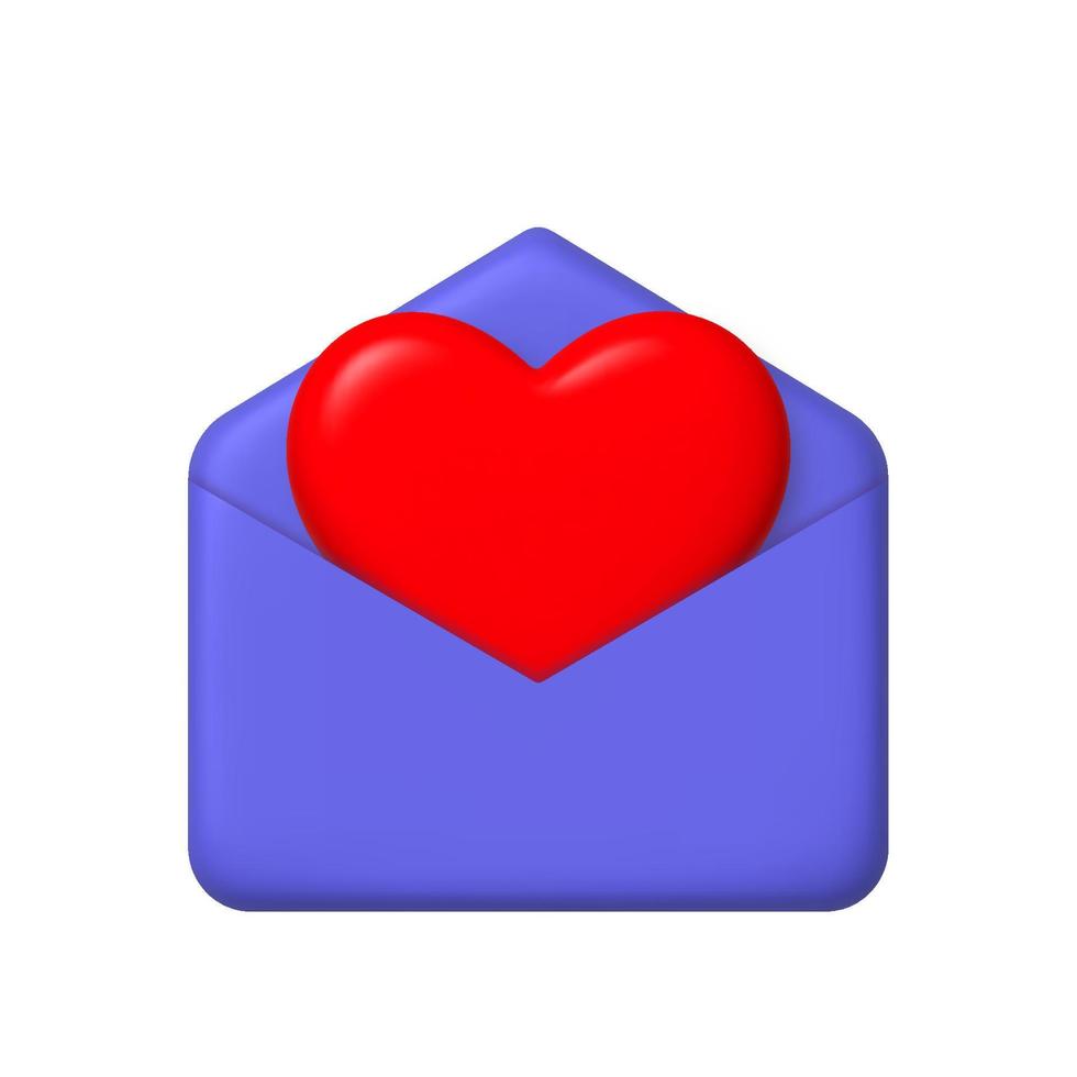 New message 3d icon. Purple open mail envelope and big heart. 3d realistic vector design element.