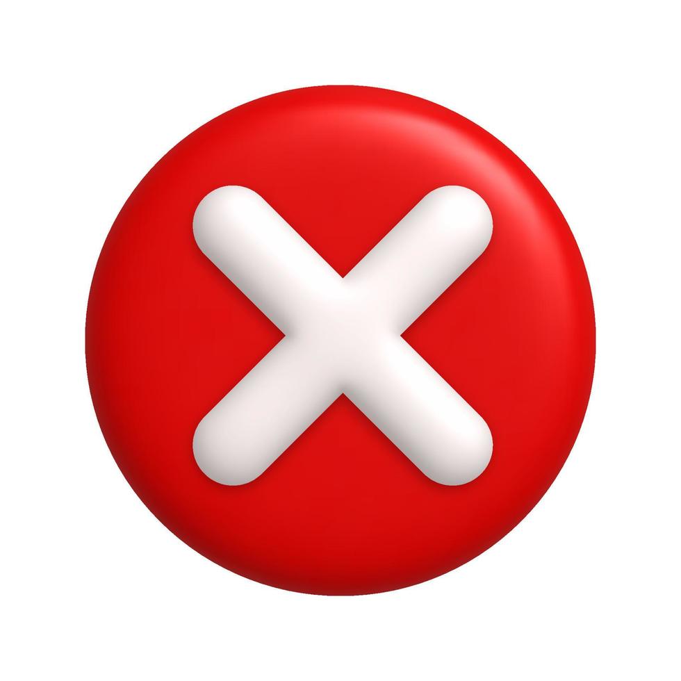 White cancel cross mark icon on round red button. 3d realistic design element. vector