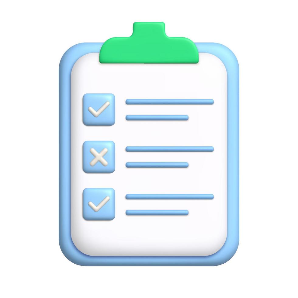 Document 3d icon. Sheet of paper on clipboard. To-do list concept with check and cross marks. 3d realistic design element. vector