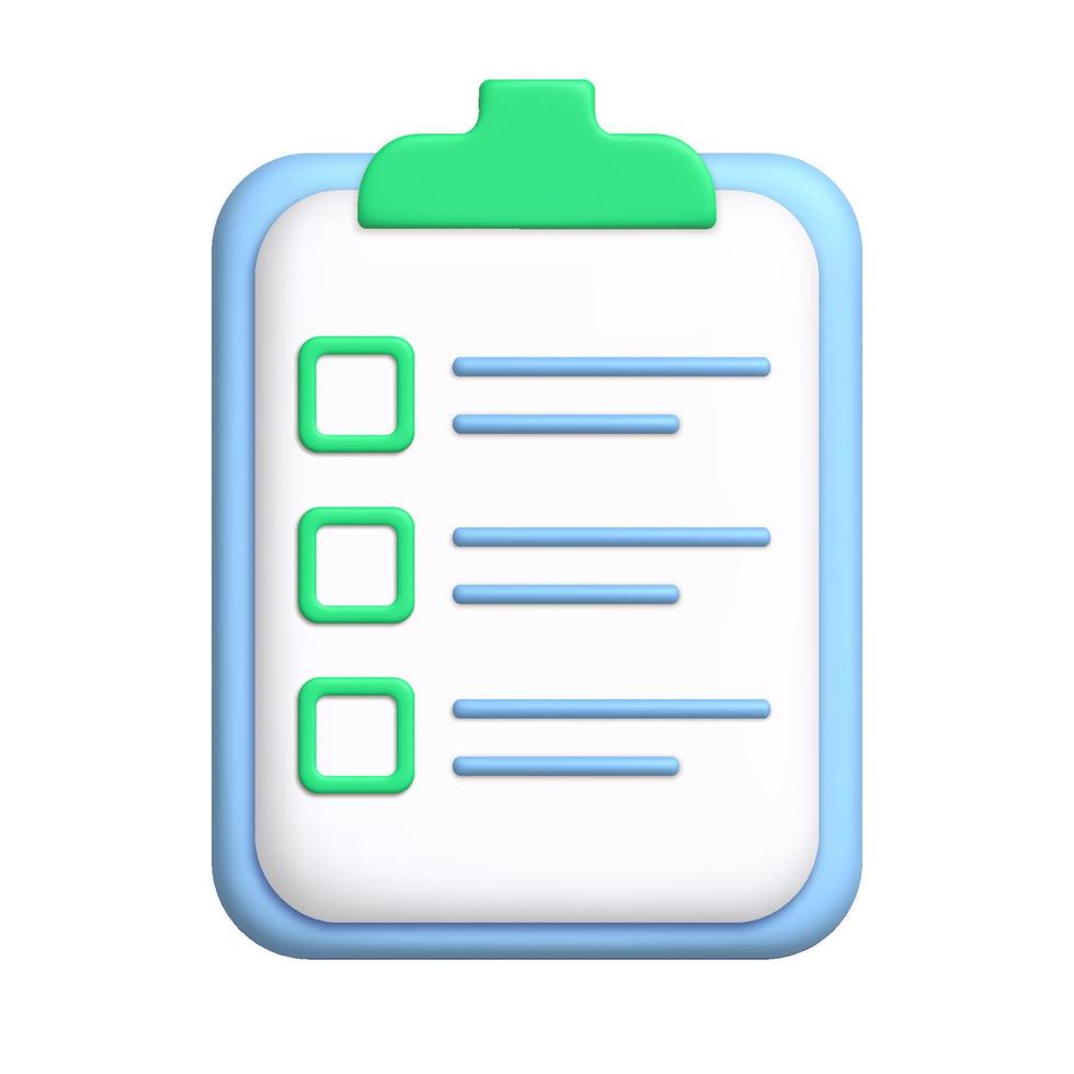 Document 3d icon. To-do list on clipboard. 3d realistic design element. vector