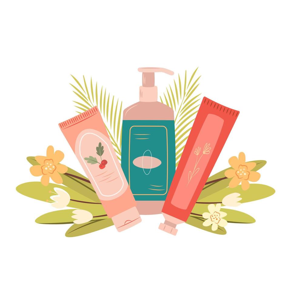 Vector set of skincare products with plant in background flat vector beauty illustration