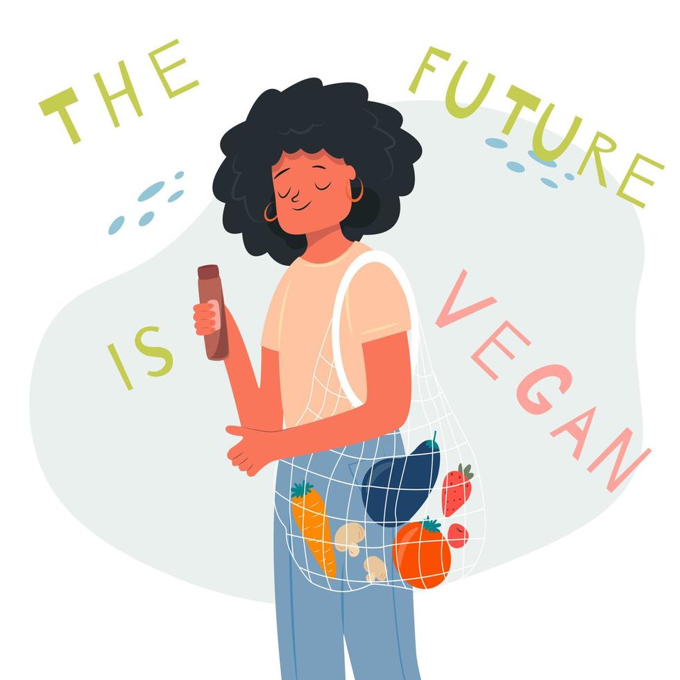 Vector young woman with vegetables in zero waste string bag near the message the future is vegan. veganuary