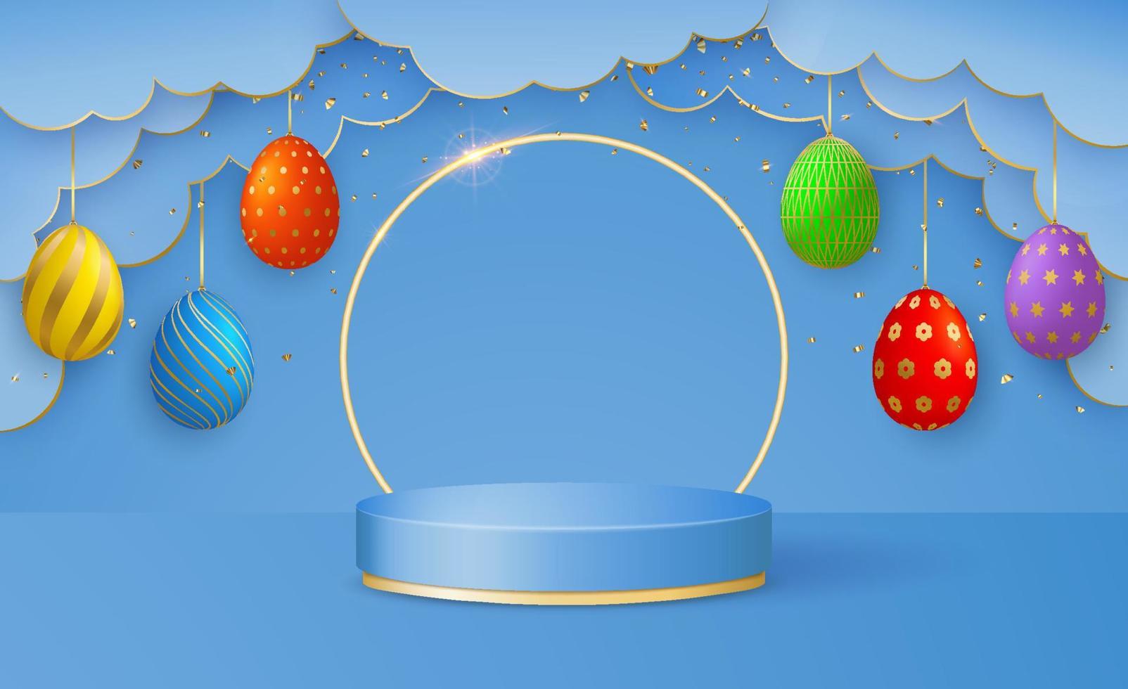 Happy Easter Day bright 3d scene with paper cut clouds, podium platform, Easter eggs garlands and confetti. vector