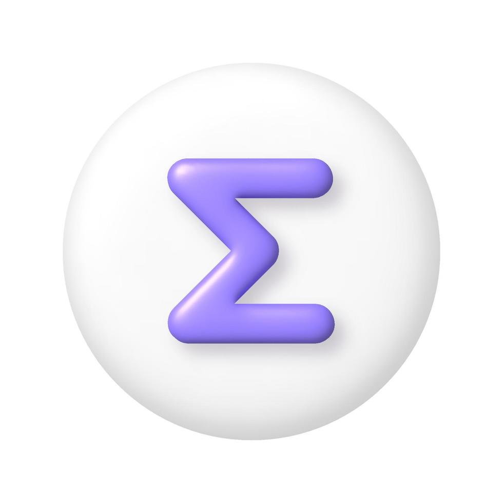 Math 3D icon. Purple sum sign on white round button. 3d realistic design element. vector