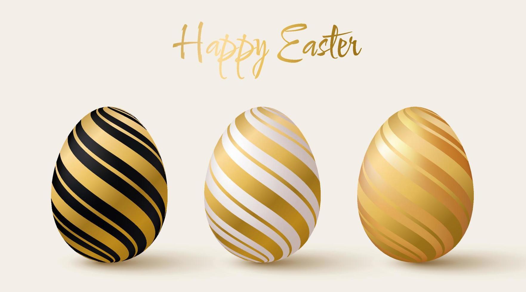 Easter eggs set. Black, white and gold 3d design elements with gold pattern. vector