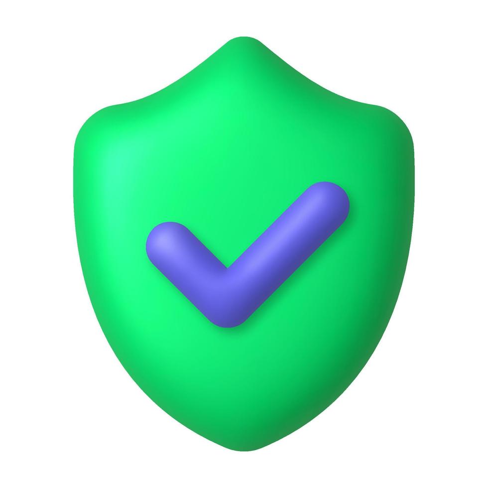 Purple checkmark on green shield 3d icon. Security and protection concept. 3d realistic vector design element.