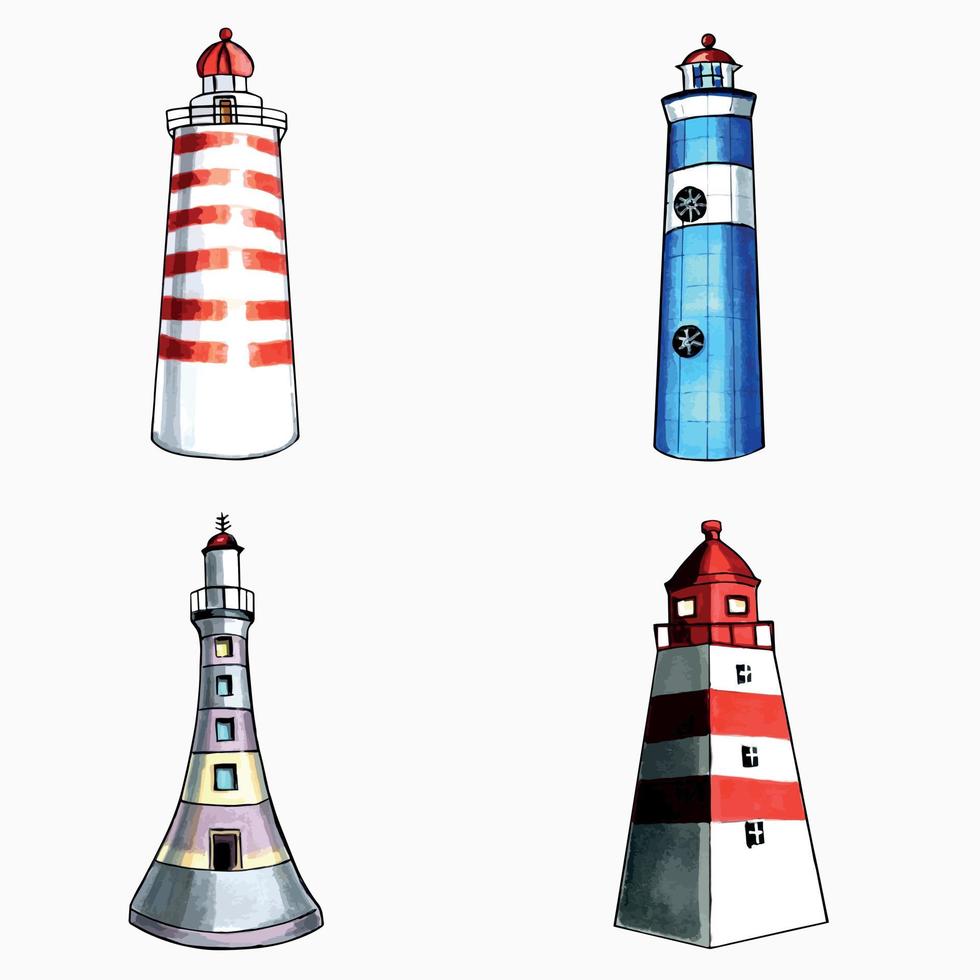 Set of brown, blue, red and aqua color lighthouses. Vector  EPS illustration marine life.