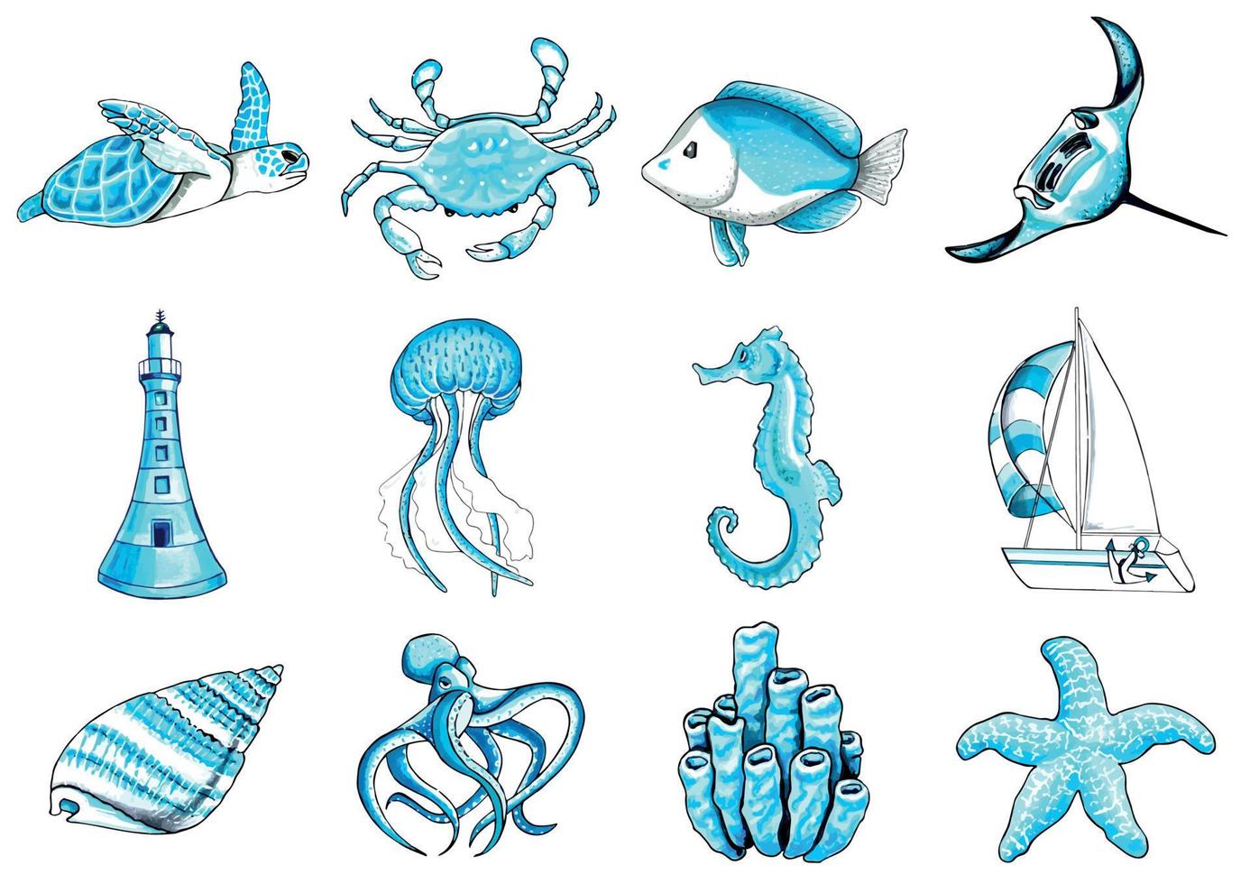 Marine animals set aqua color. Vector  EPS illustration marine animals.