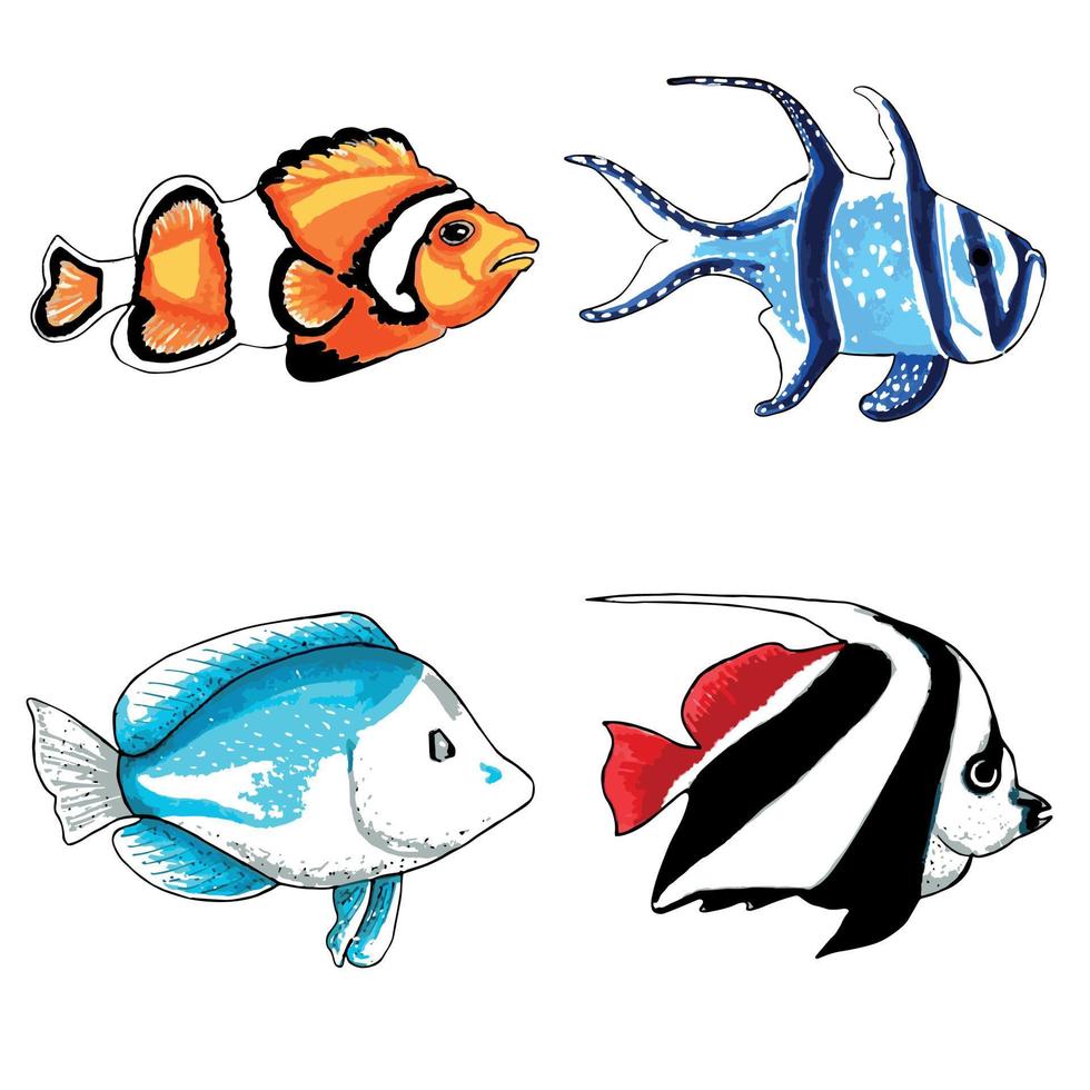 conjunto de marrón, naranja, azul, rojo y agua color peces vector eps ilustración marina animales