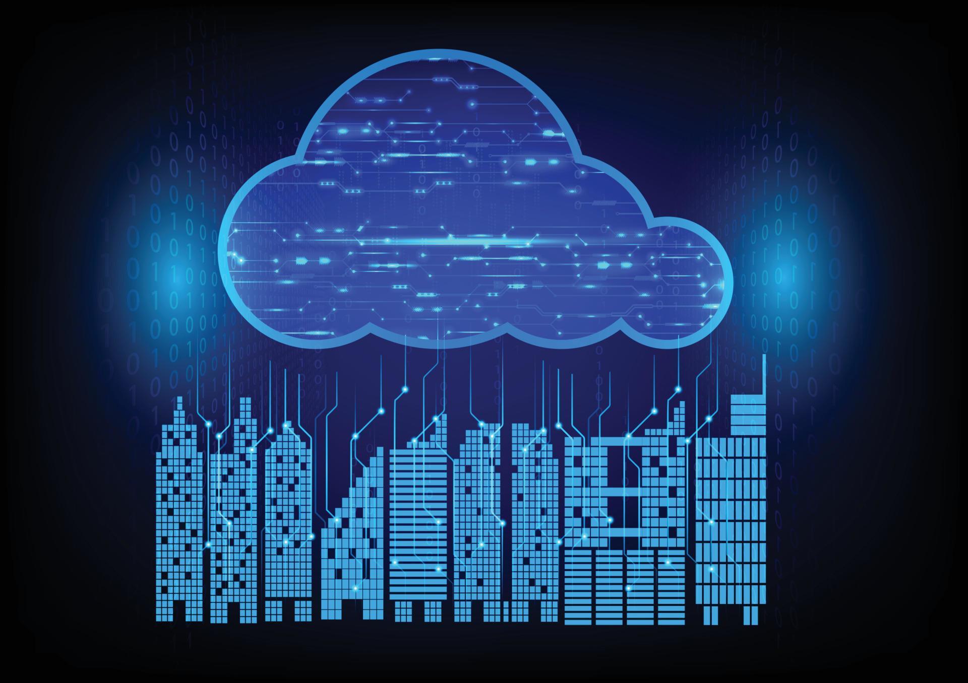 graphics building of a city with cloud concept data transfer cloud