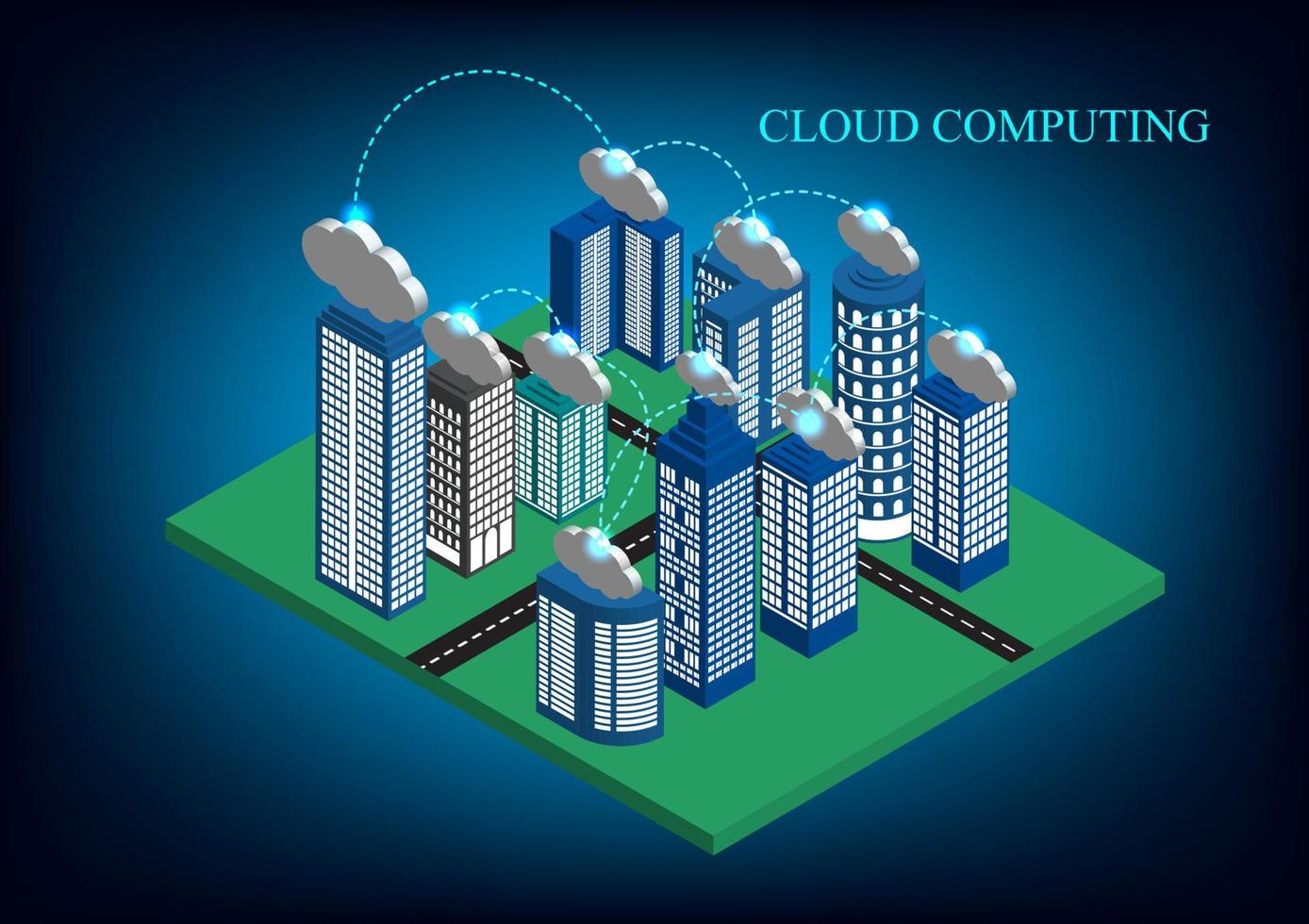 The isometric flat 3D city with skyscrapers and clouds concept network technology cloud computing data storage vector illustrator