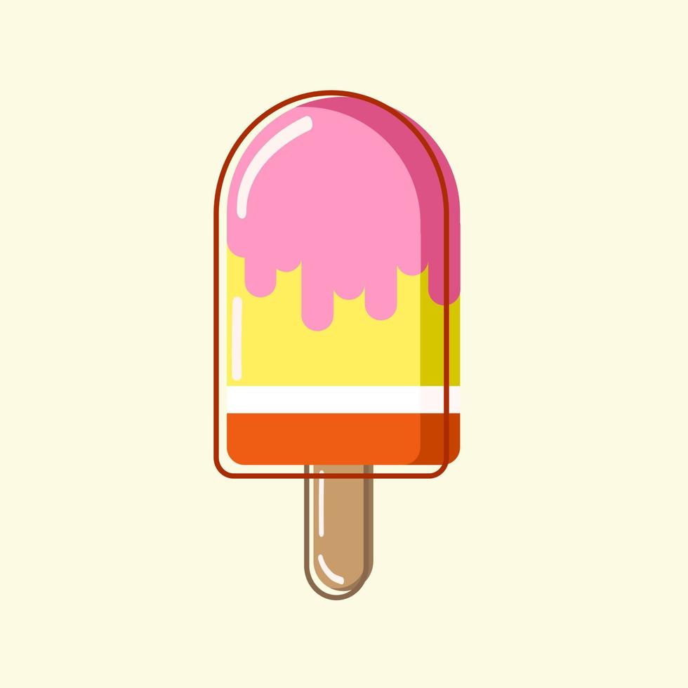 Fruity multicolored ice cream in pink icing on a stick on a light background. Vector. EPS10 vector