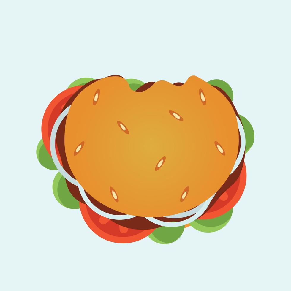 Snack burger with onion, lettuce and tomato on light background. Top view. Vector. EPS10 vector