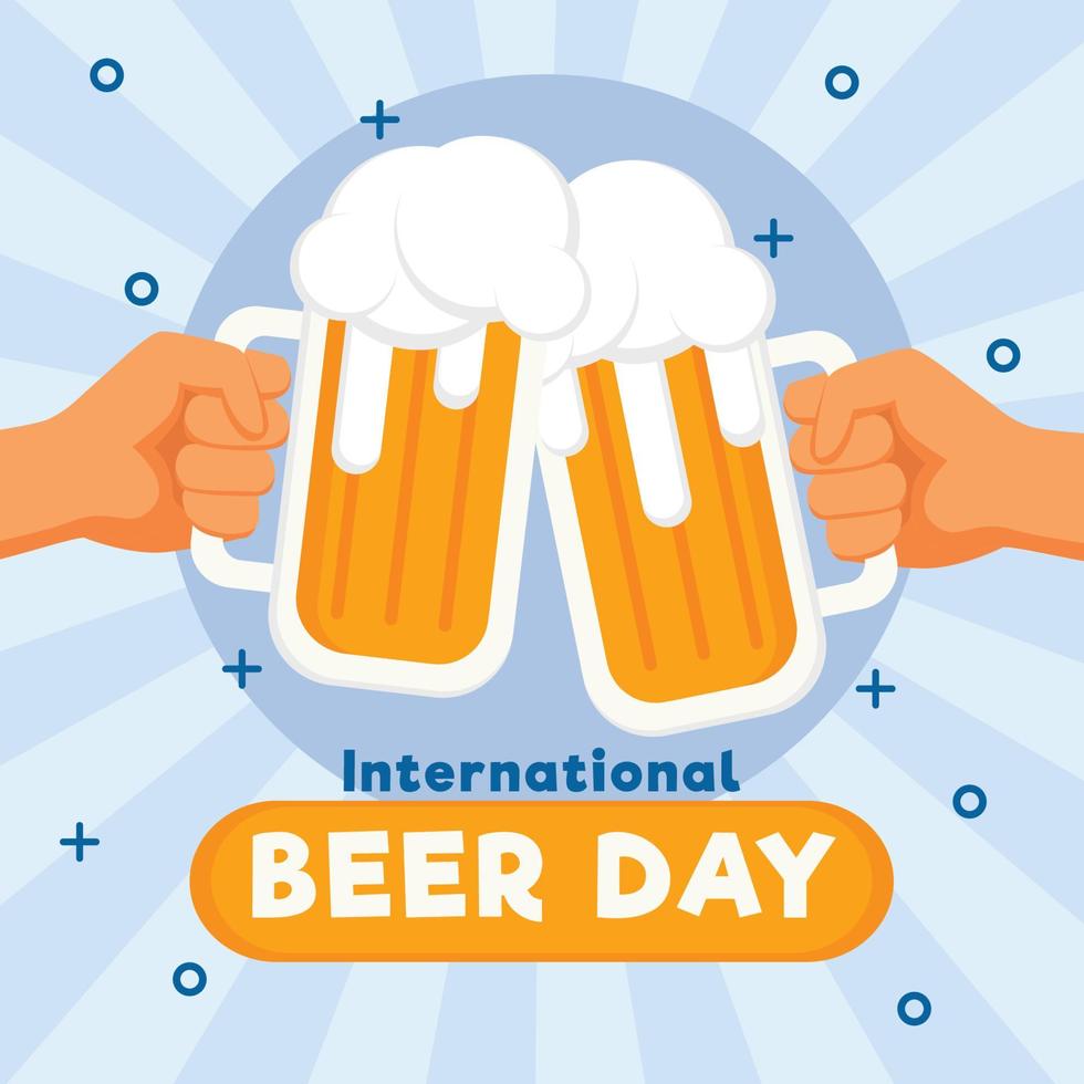 International Beer Day . Two hands holding the beer beer glass. Vector illustration in retro style. Suitable to use on International beer day event