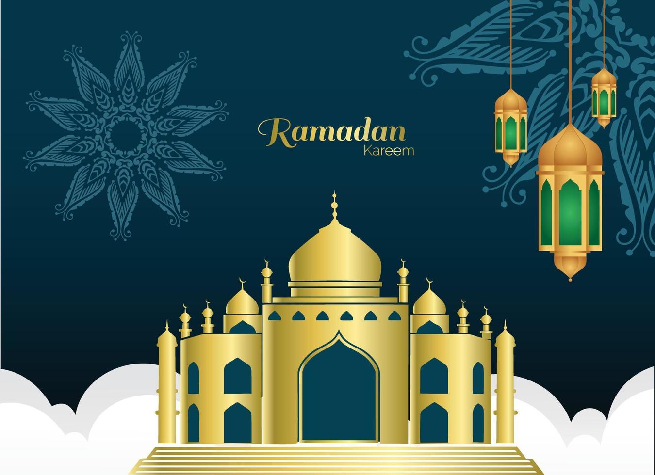 ramadan kareem with golden mosque and lamp with navy background vector