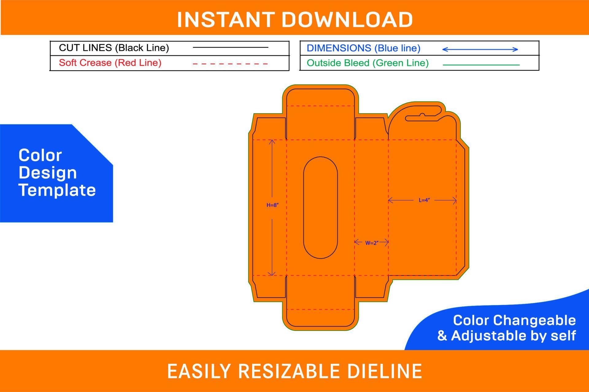 Hanging cardboard pencil box with window dieline template and 3D box