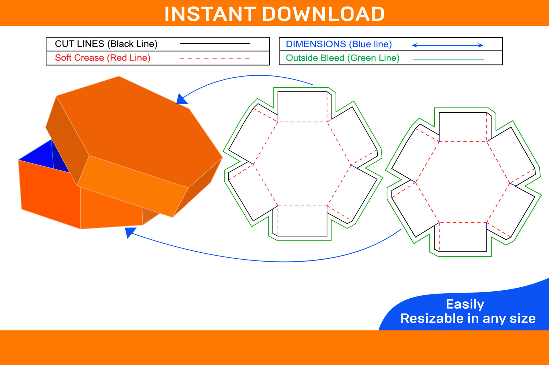 Hexagon gift box or surprise gift box dieline template and 3D box