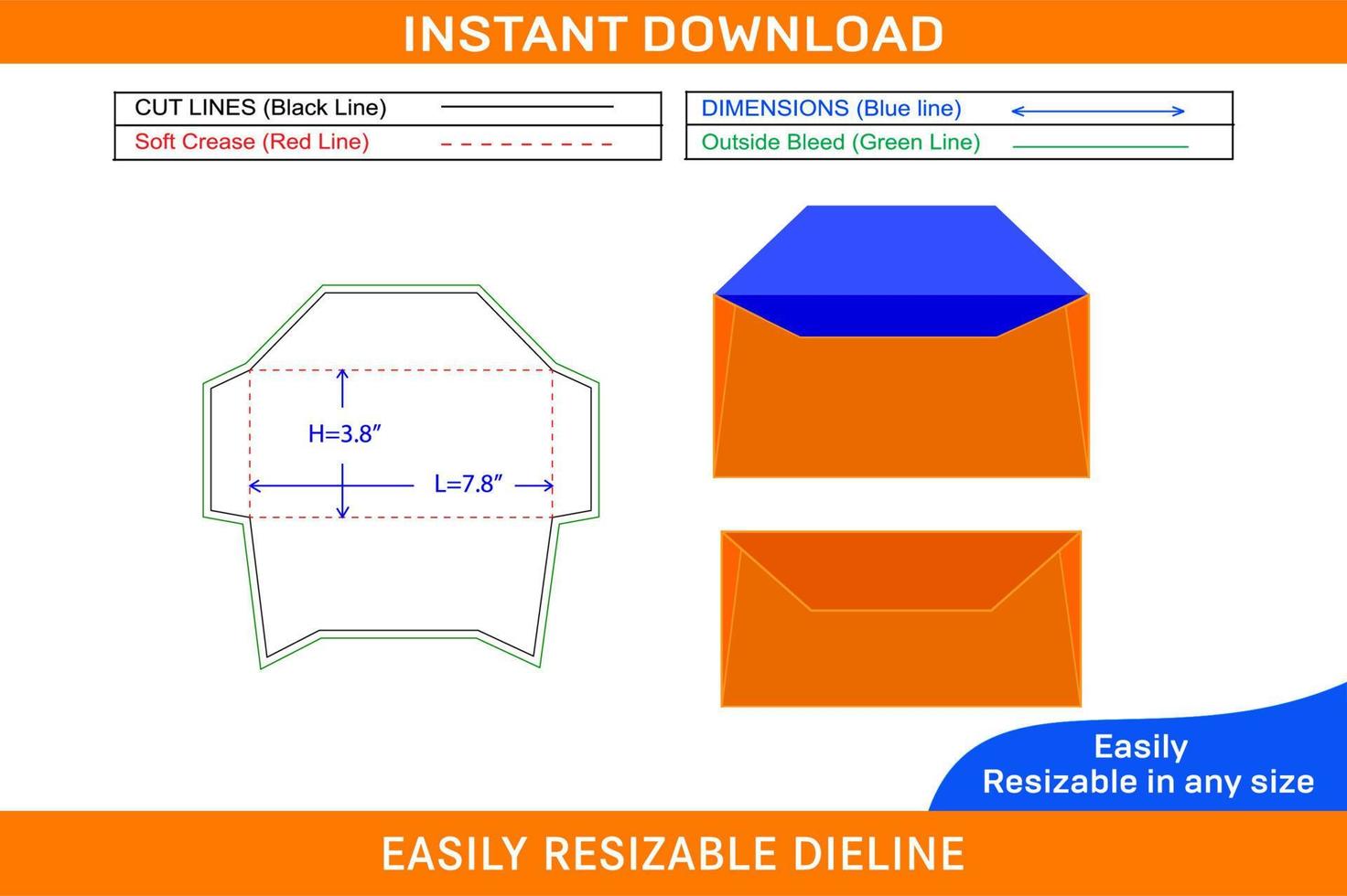 Creative envelope die cut template and 3D envelope design Box dieline and 3D box vector