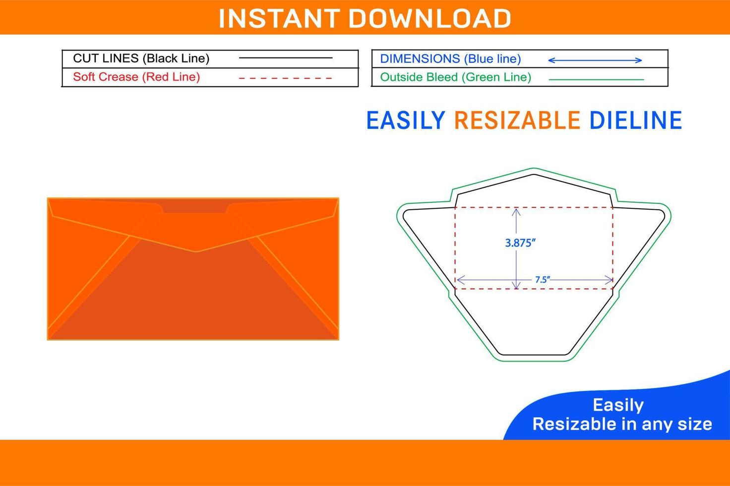 Regular Envelope 3.875x7.5 inch  die cut template Box dieline and 3D box vector