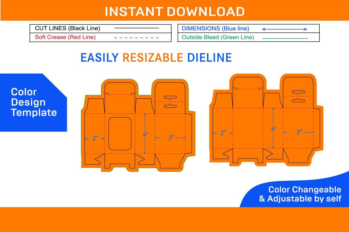 Mobile Charger Box with window 3x2x4 inch dieline template Color Design Template vector