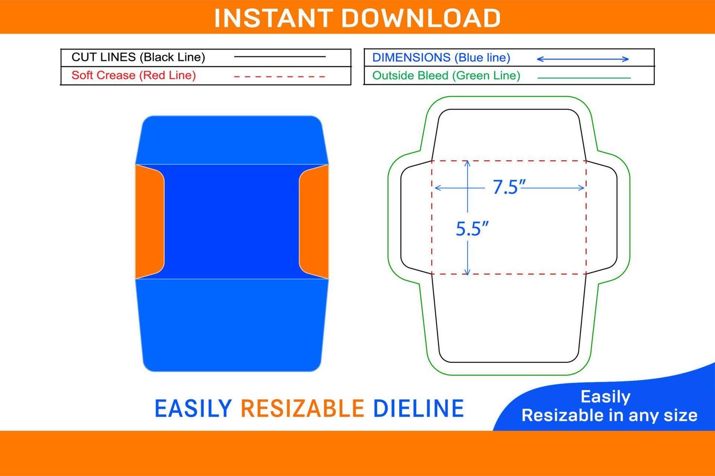 Booklet small size envelope 5.5x7.5 inch dieline template design Box dieline and 3D box vector