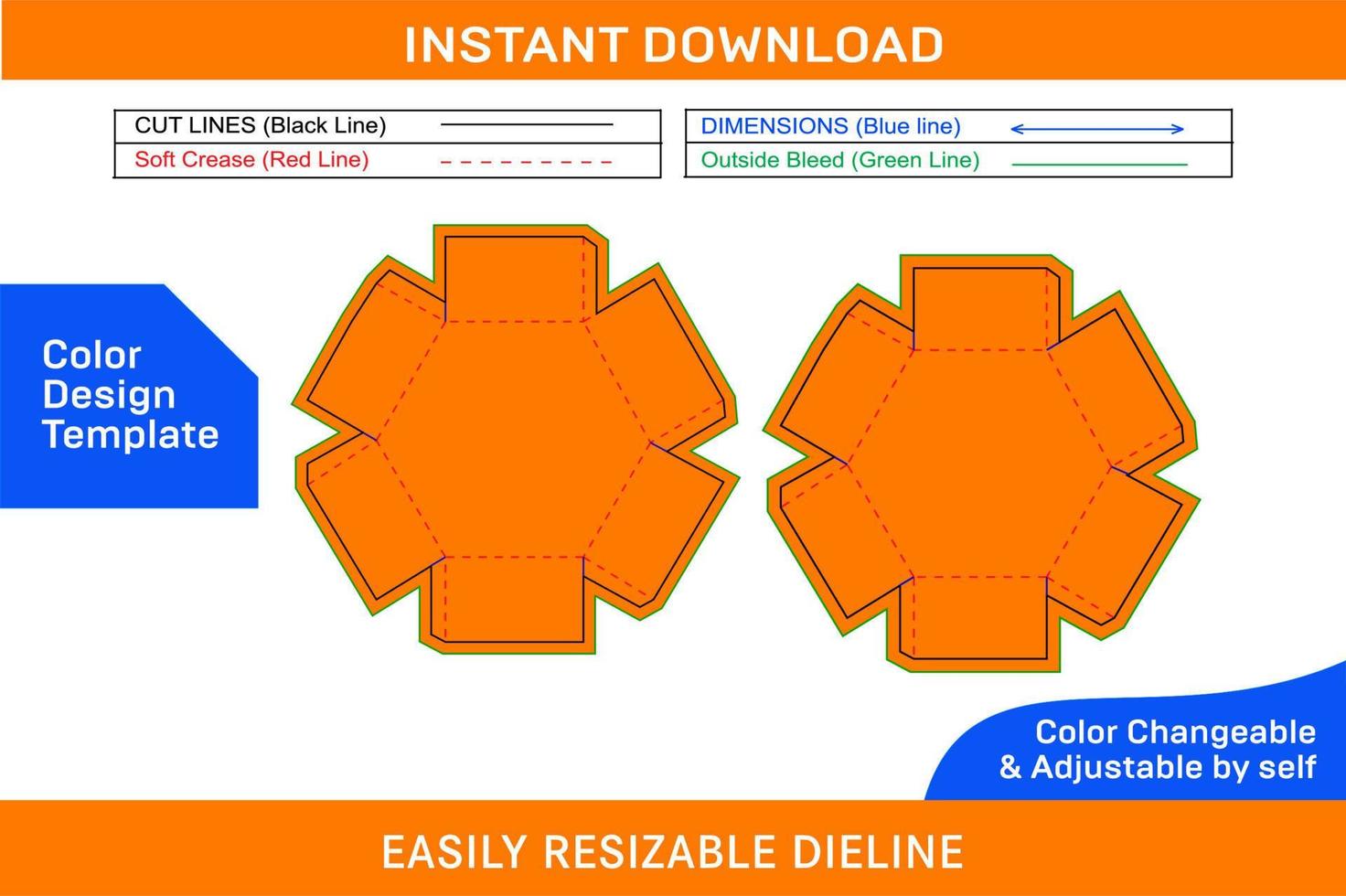 Hexagon gift box or surprise gift box dieline template and 3D box Color Design Template vector