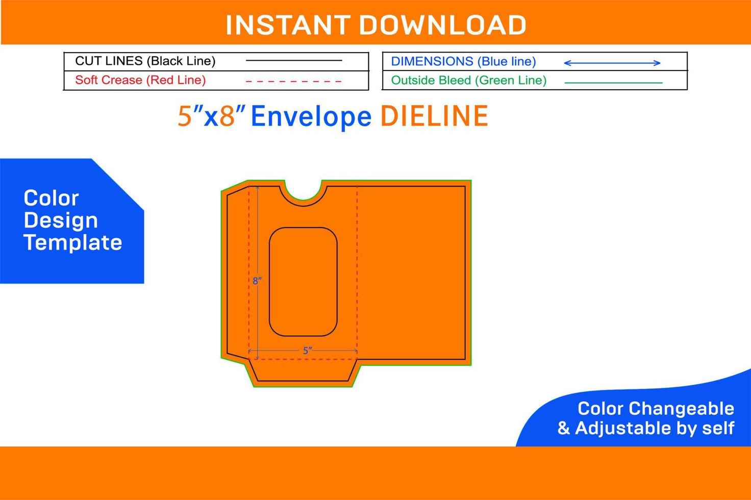 Invitation display envelope 5x8 inch dieline template and 3D envelope Color Design Template vector