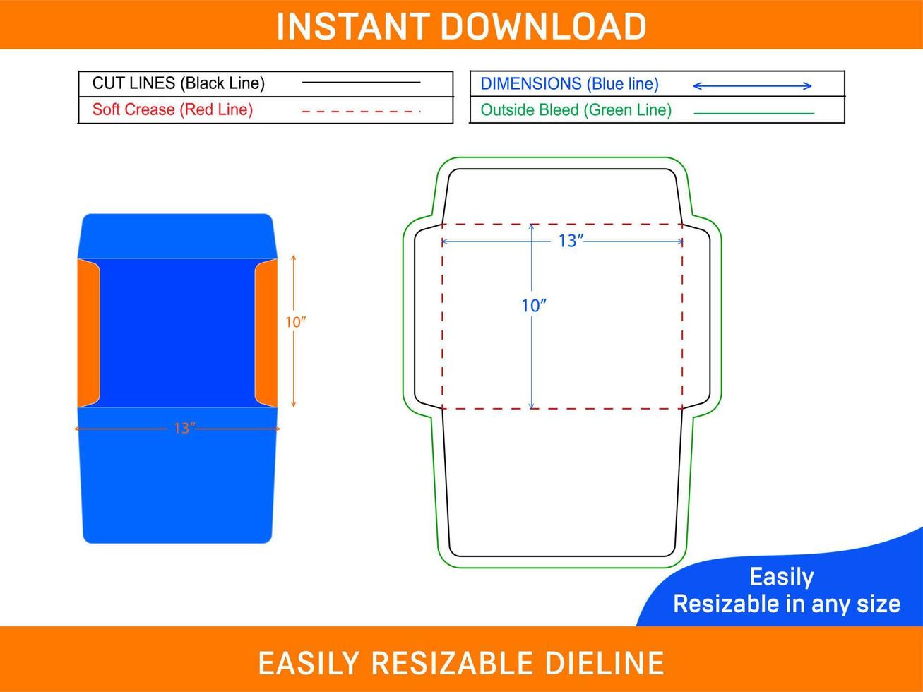 Booklet envelope 10x13 inch die cut template and 3D envelope design Box dieline and 3D box vector