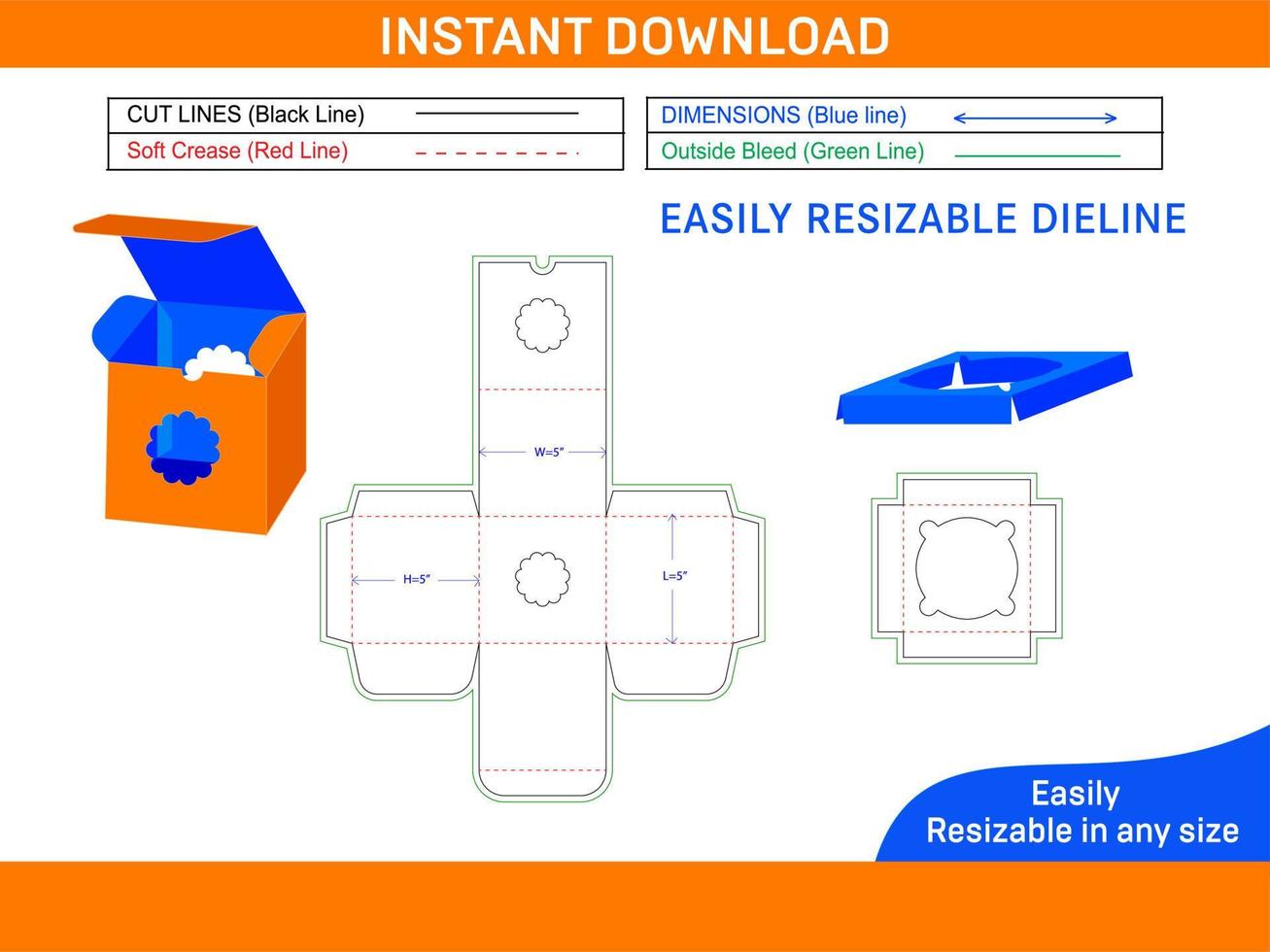 CupCake box square size with window dieline template and 3D box design Box dieline and 3D box vector