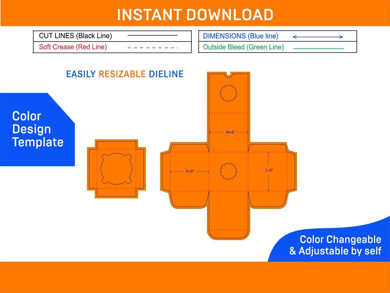 CupCake box square size with window dieline template and 3D box design Color Design Template vector