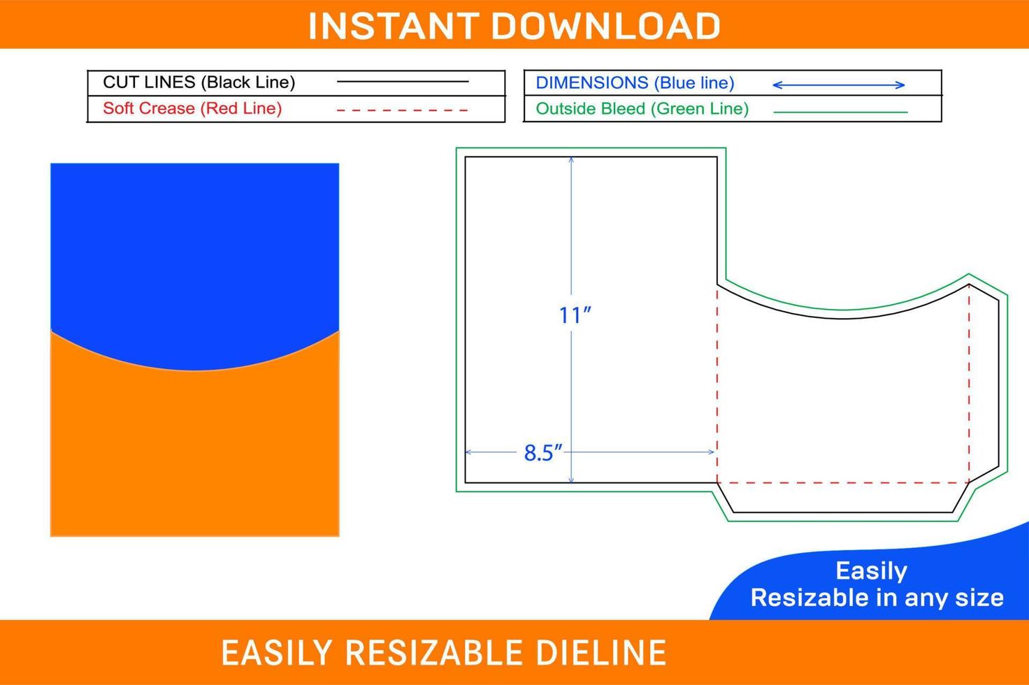 8.5x11 inch Rounded top shape Pocket or folder envelope die cut template Box dieline and 3D box vector