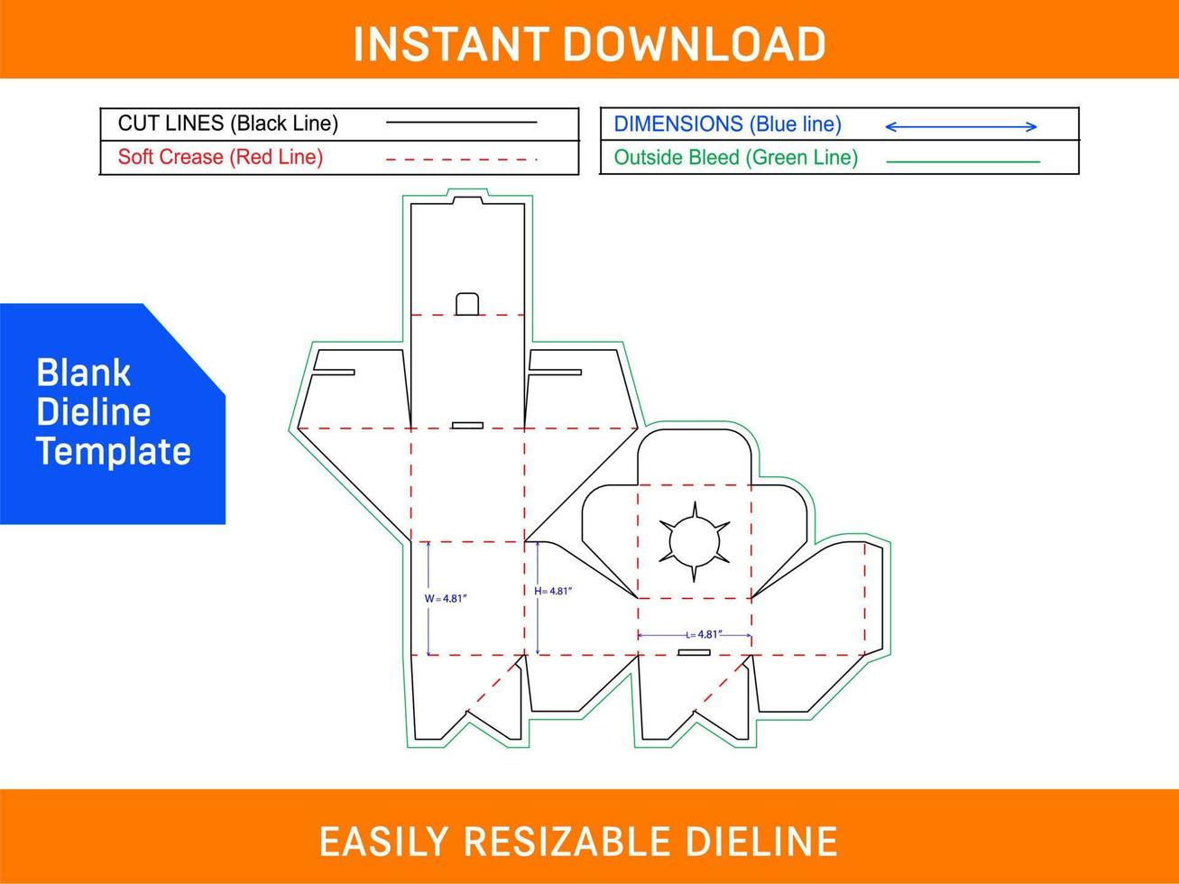 Square size auto bottom lock box dieline template and 3D trndering box Blank dieline template vector