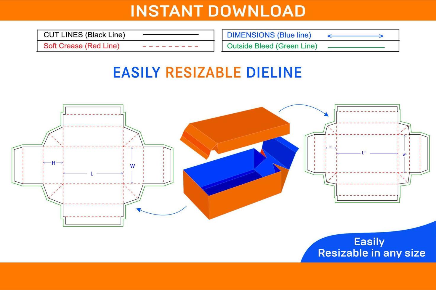 Corrugated standard shipping box, without glue foldable box dieline template Box dieline and 3D box vector