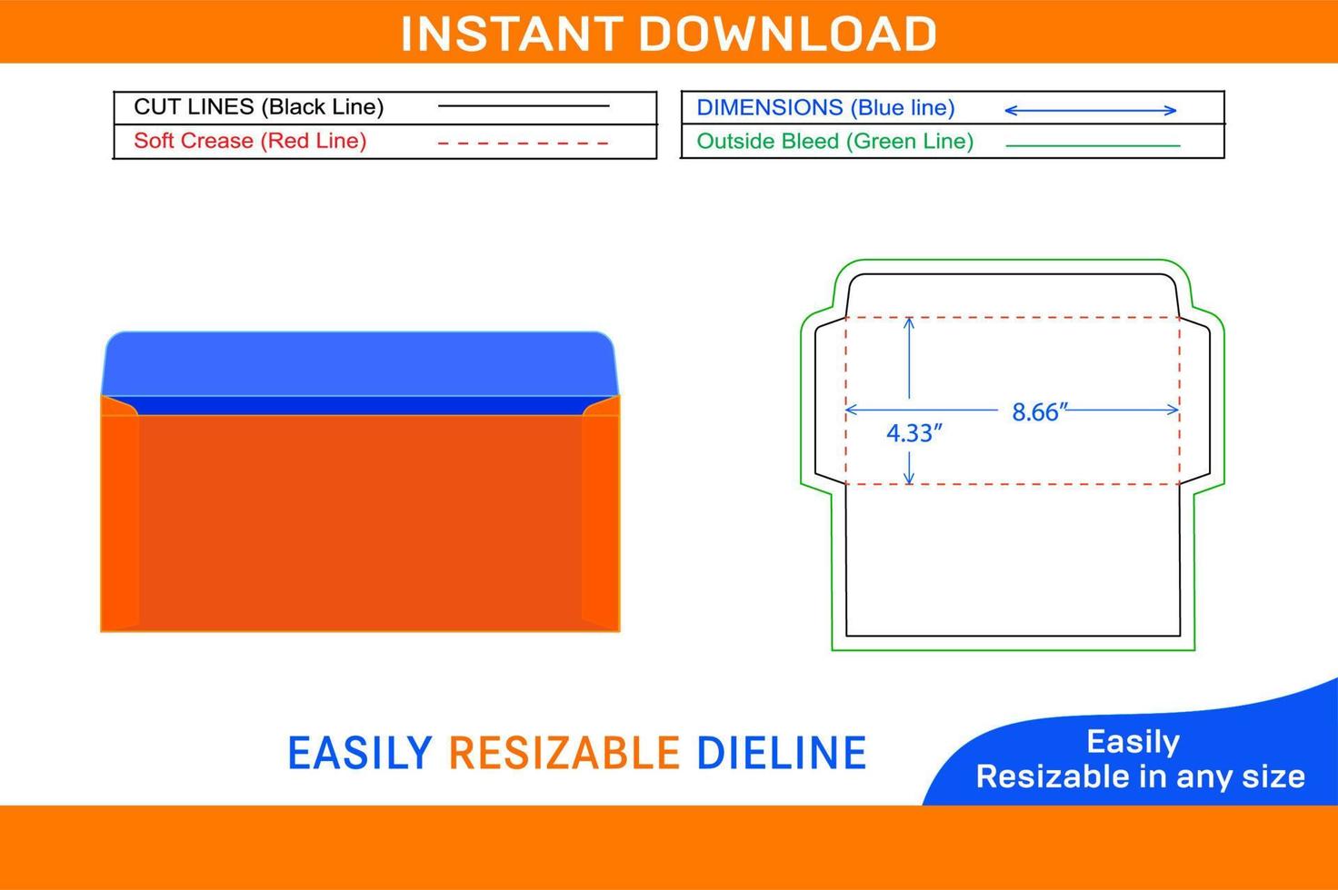 DL size Document envelope OR 8.66x4.33 inch Document envelope dieline template Box dieline and 3D box vector