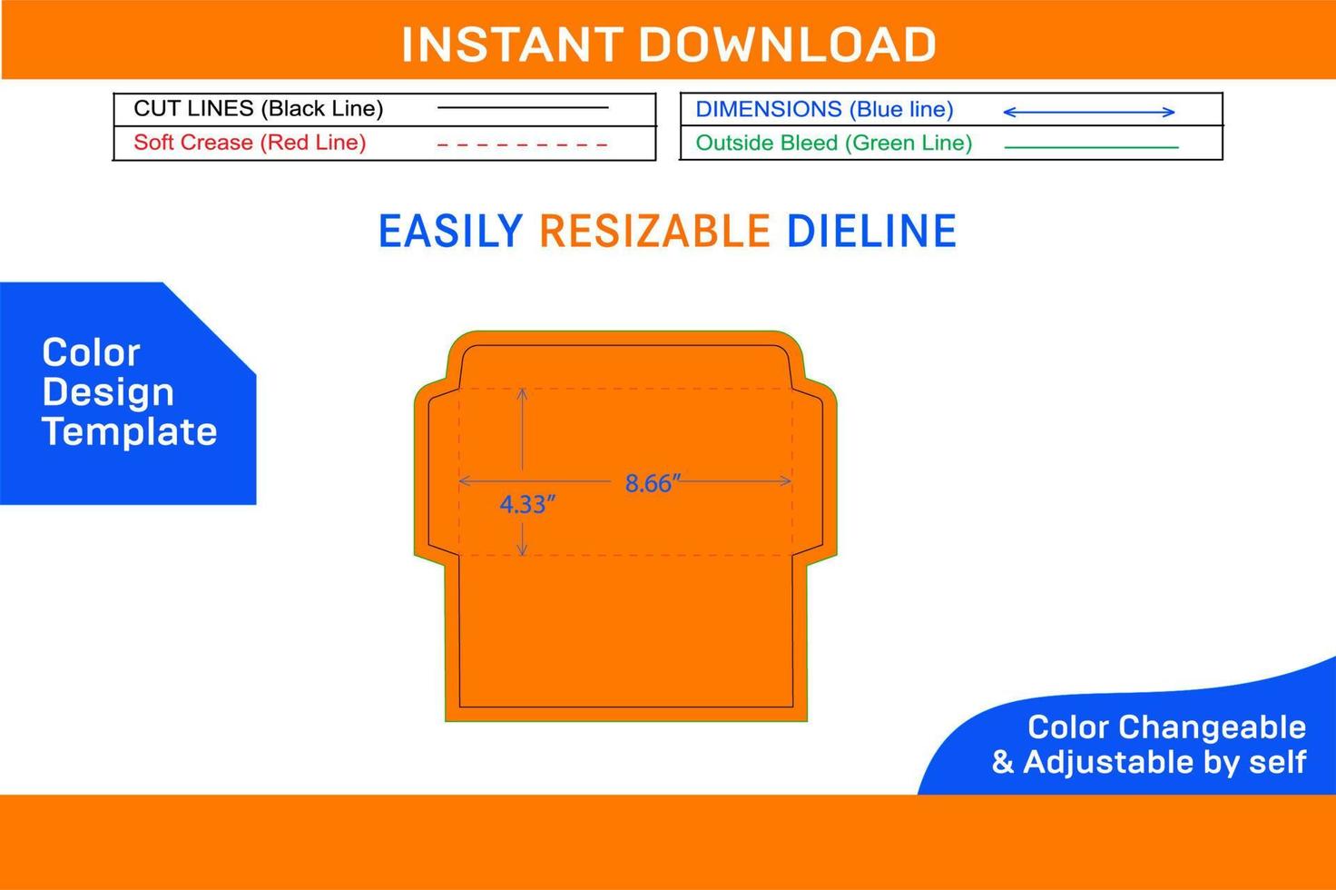 DL size Document envelope OR 8.66x4.33 inch Document envelope dieline template Color Design Template vector
