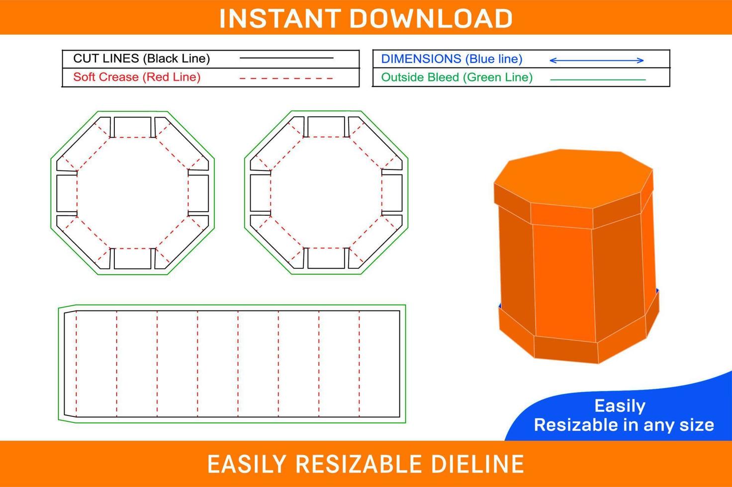 3 lid octagonal Circular box by glued assemble dieline template Box dieline and 3D box vector