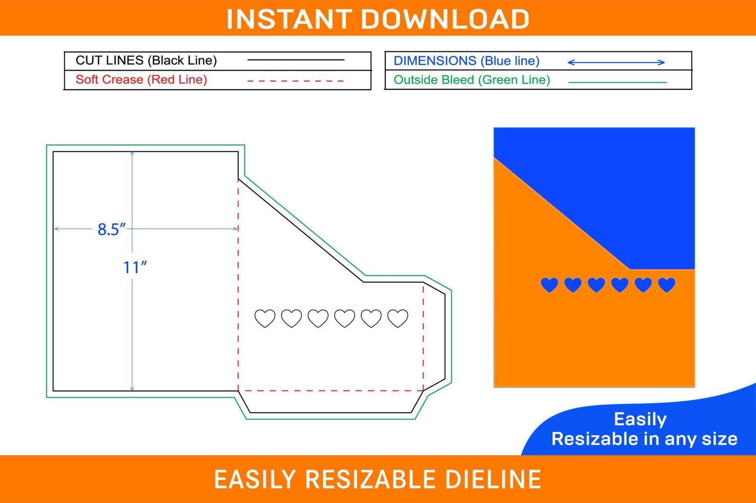 Pocket envelope 8.5x11 inch dieline template with Heart shape transparent window cut Box dieline and 3D box vector