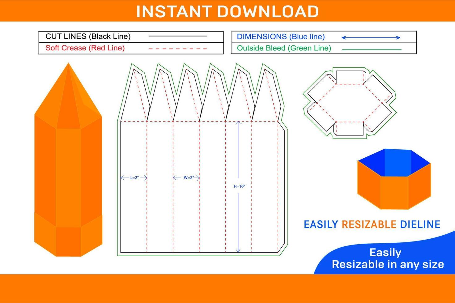 Pencil type or bullet type box dieline template and 3D box vector