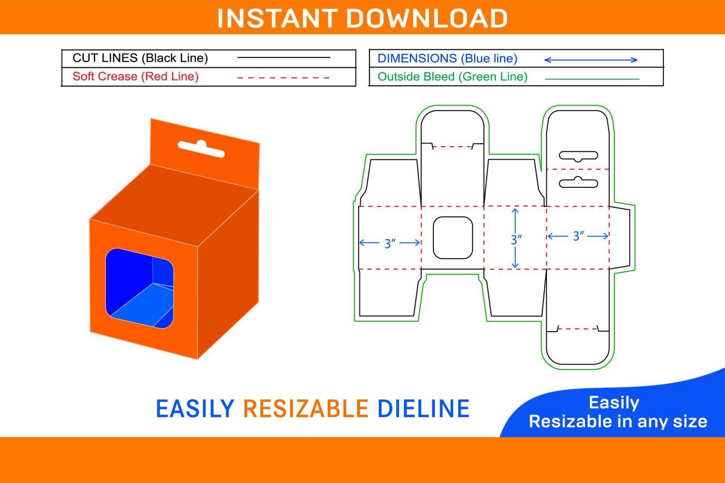 Mobile charger Snap lock box with window 3x3x3 inch box dieline template Box dieline and 3D box vector