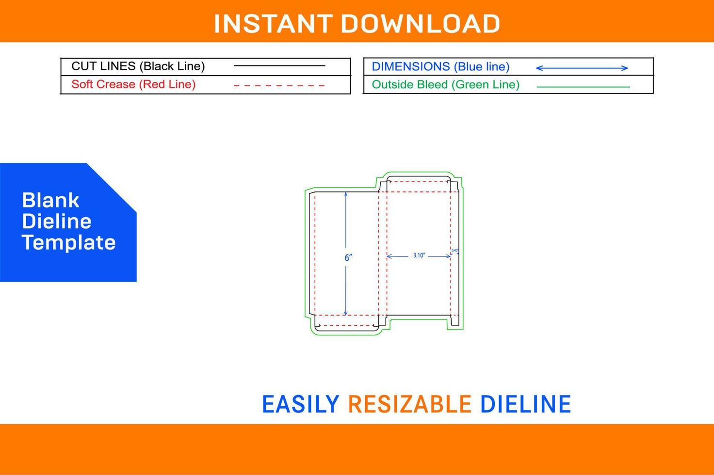 RTE reverse tuck end 3.10x0.40x6 inch box Dieline template Blank dieline template vector