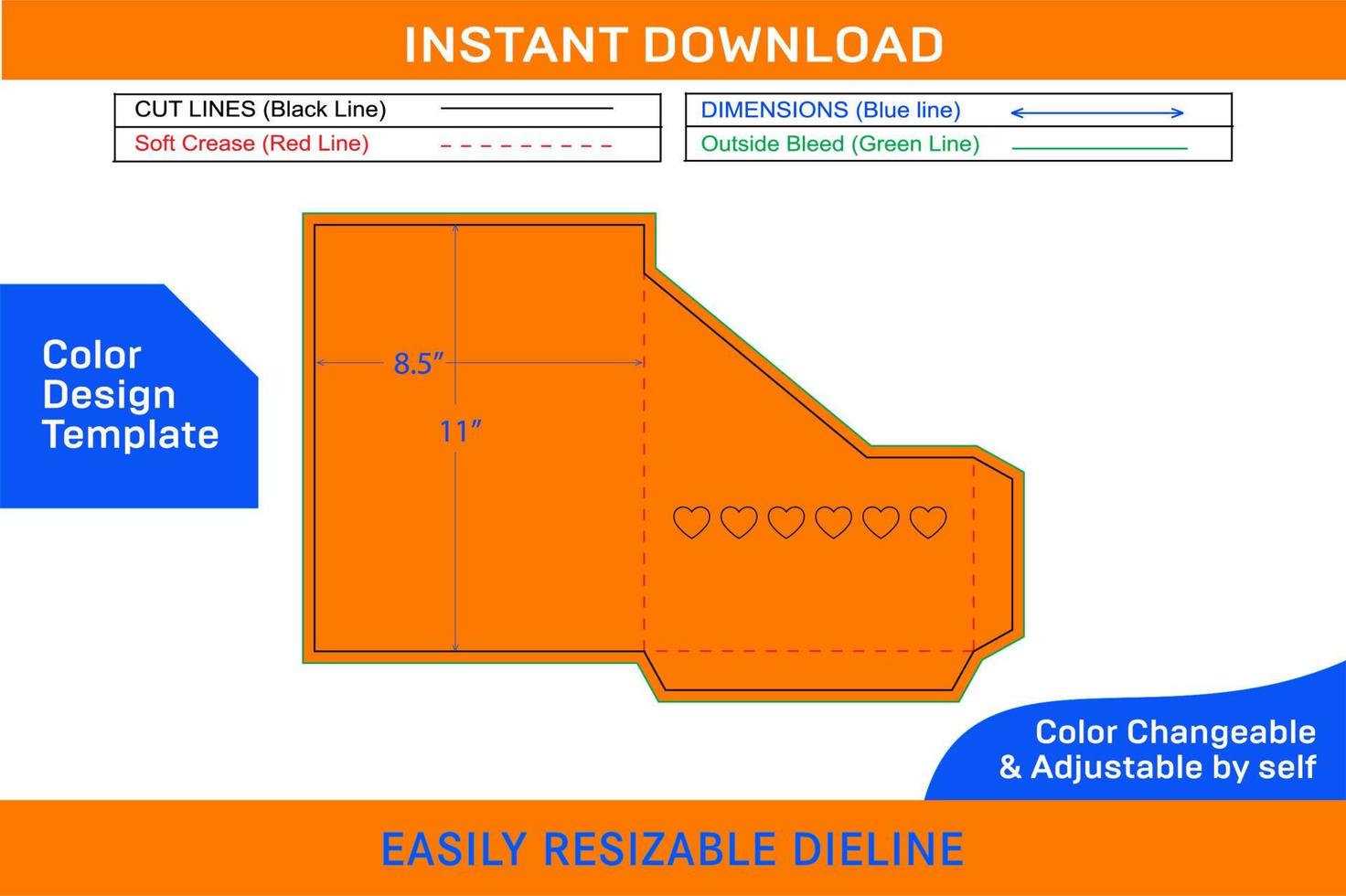 Pocket envelope 8.5x11 inch dieline template with Heart shape transparent window cut Color Design Template vector