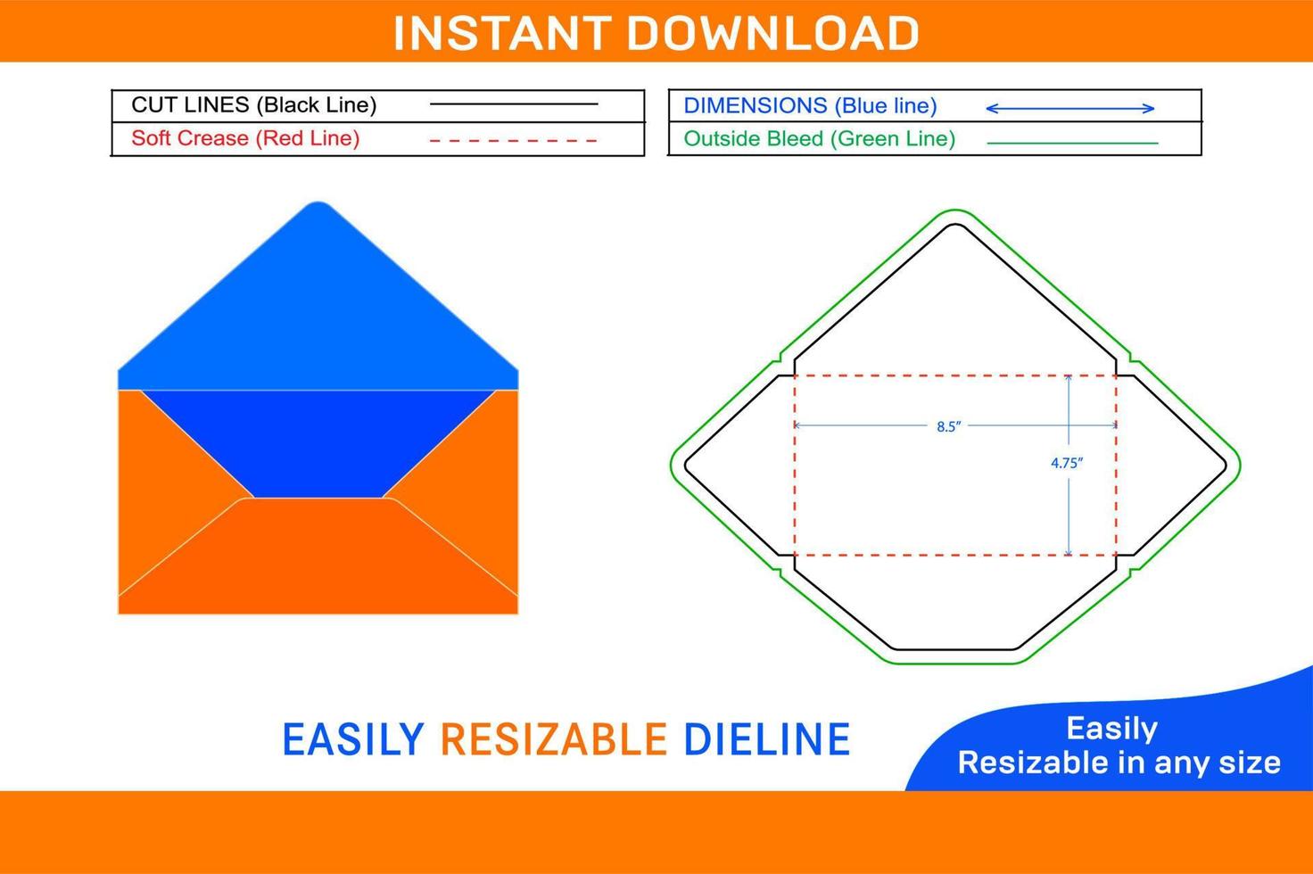 Envelope 4.75x8.5 inch dieline template and 3D envelope Box dieline and 3D box vector