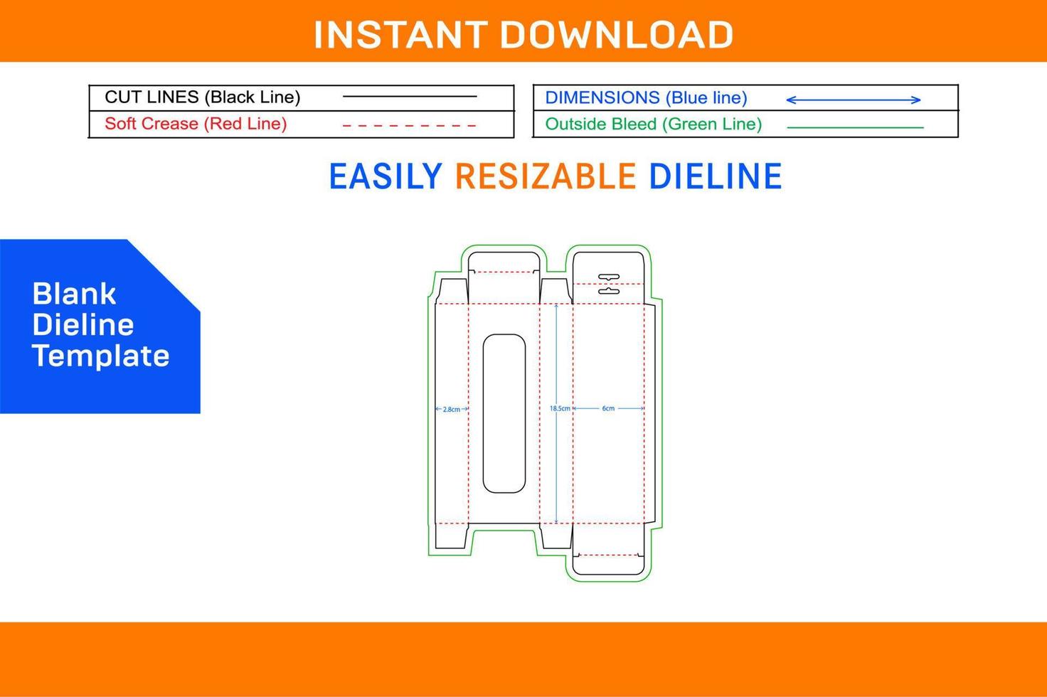 Mobile charger snap lock box 6x2.8x18.5 cm  dieline template Blank dieline template vector