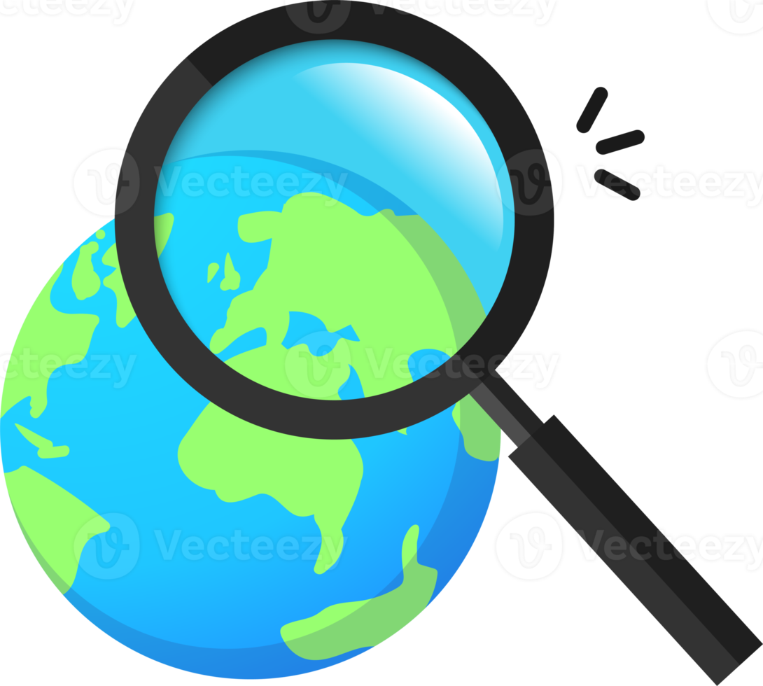 The magnifying glass is facing the earth, and the webpage prompts to search png