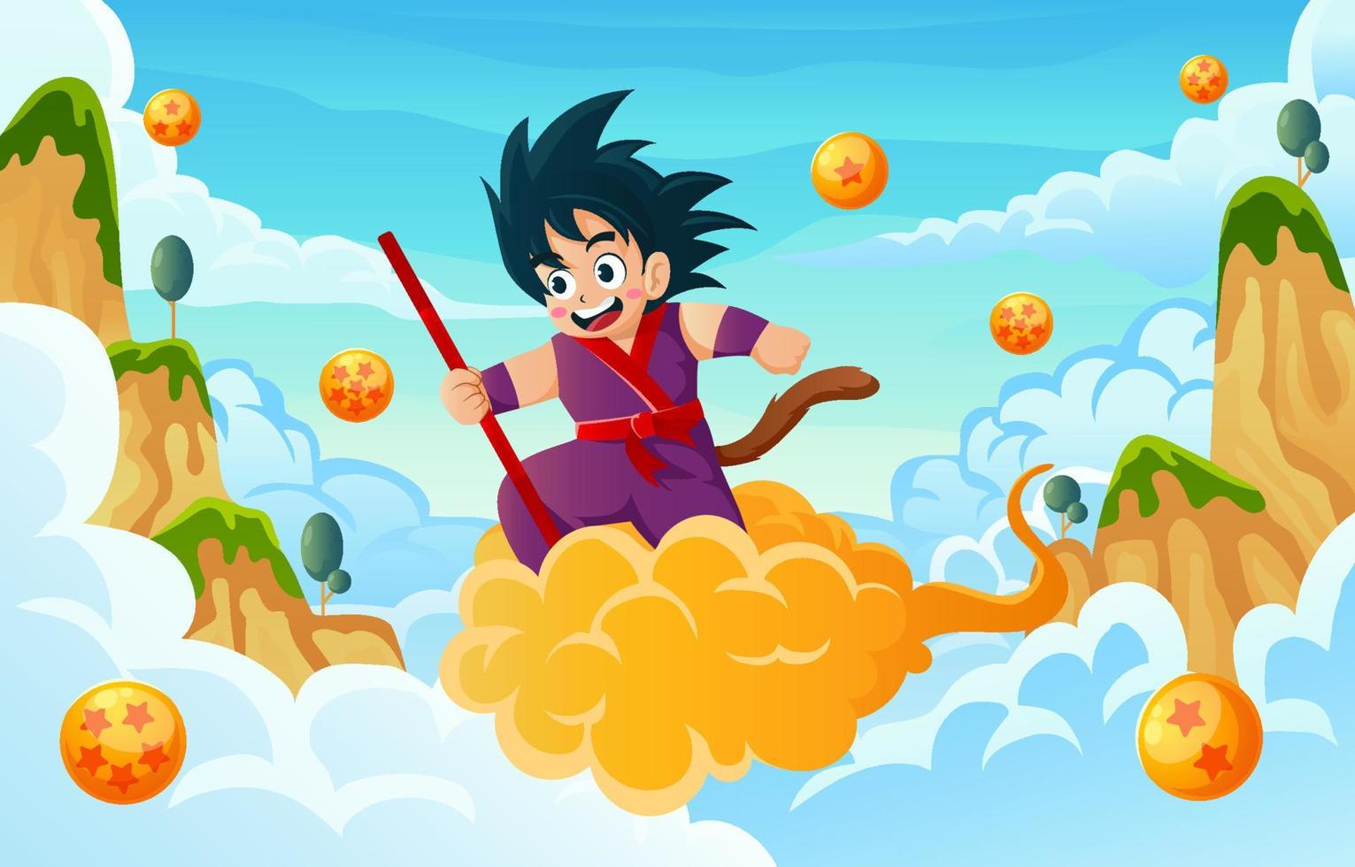 Kid Riding a Flying Cloud with Landscape Scene Concept vector
